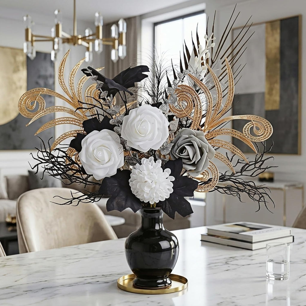 17" Gothic Metallic Texture Black Gold Bouquet,Artificial Silk White Rose - Set of 14