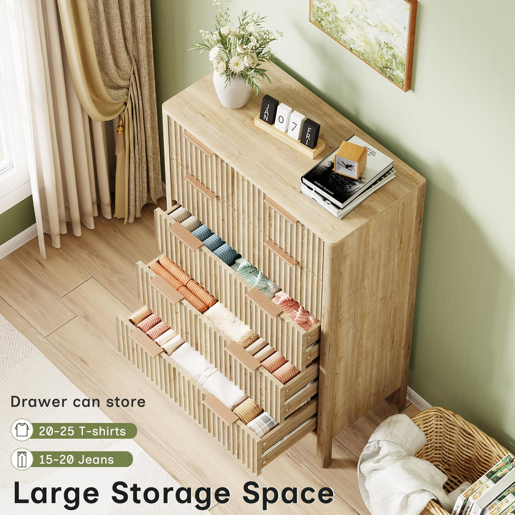 47" Tall Dressers Fluted 5 Drawer Dresser, Wooden Dresser Modern Chest of Drawers Dressers with Organizer Storage