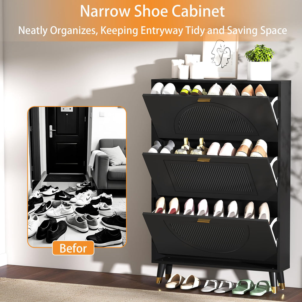 Black Narrow Shoe Cabinet Storage with 3 Flip Drawers
