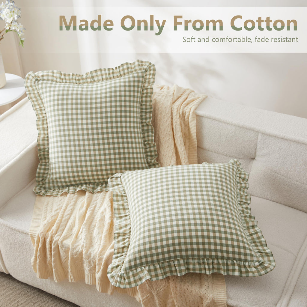 2 Pcs Ruffle Gingham Pillow Covers 20" x 20", Sage Green Plaid