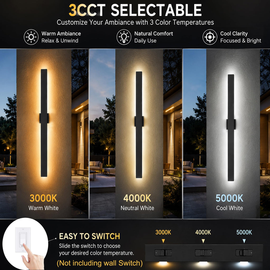 2Pack Modern Outdoor Wall Lights Dimmable, 23.6" Linear Led Exterior Wall Light, 3CCT, Aluminum& PC, IP65-Waterproof