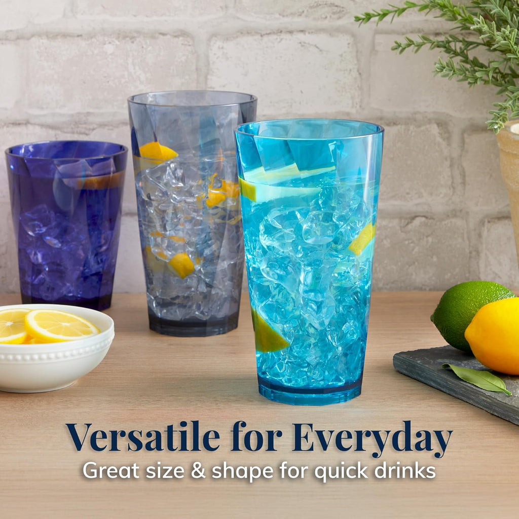 Optix Plastic Reusable Drinking Glasses (Set of 16) 14oz Rocks & 20oz Water Cups in Coastal Colors | BPA-Free