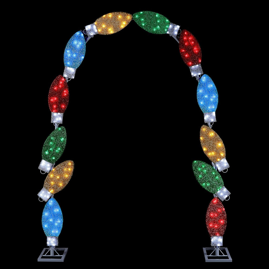 8 ft. Illuminated Tinsel C9 Bulb Arch with Warm White LED Lights, Outdoor Christmas Archway Decoration
