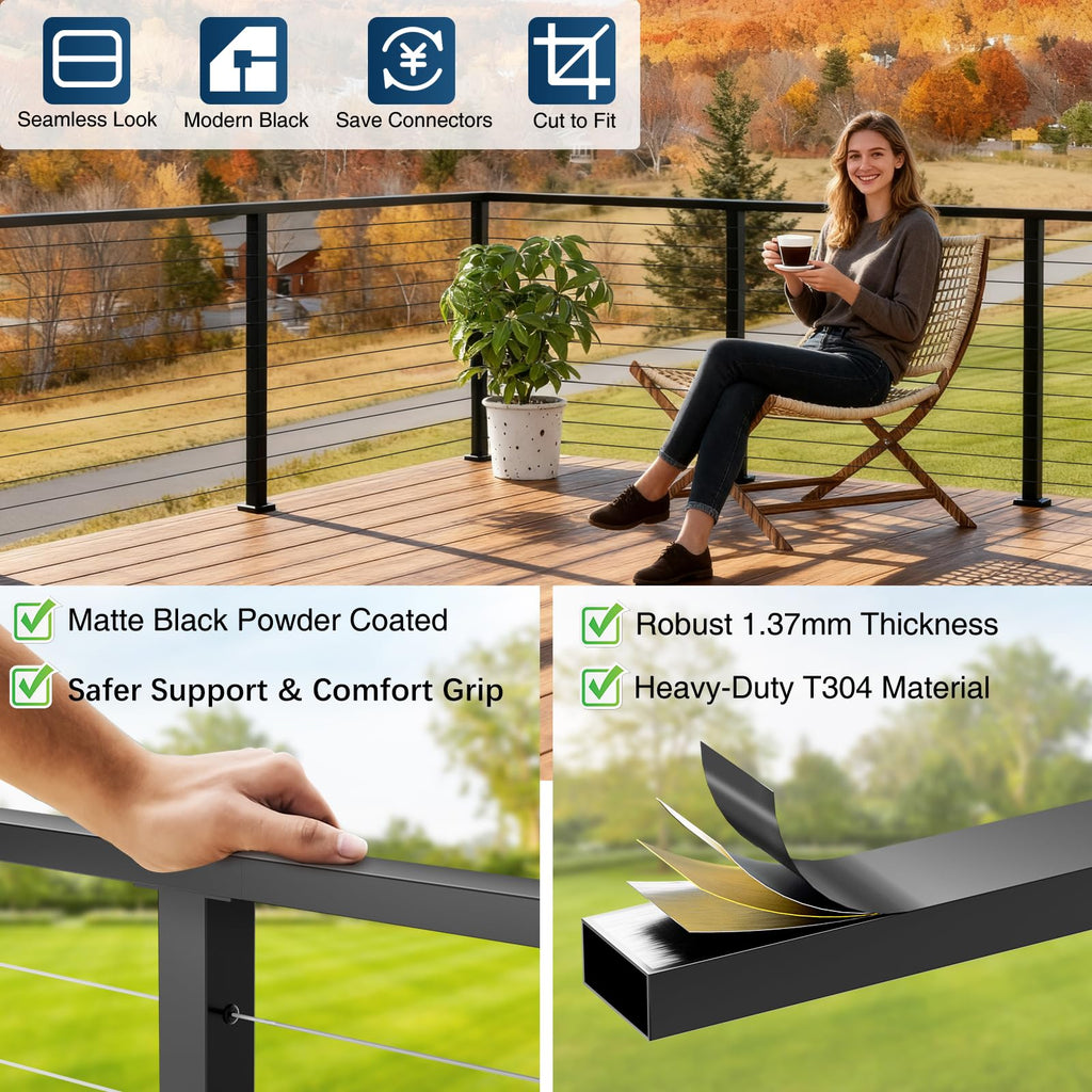 10FT Black Rectangular Handrail, 4 Pack Flat Cable Railing Handrail