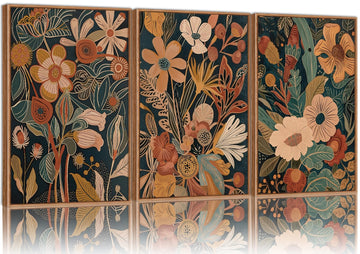 Vintage Burnt Orange Floral Framed Canvas Wall Art Set of 3, Boho Chic Flower Artwork, Mid Century Modern Plant Wall