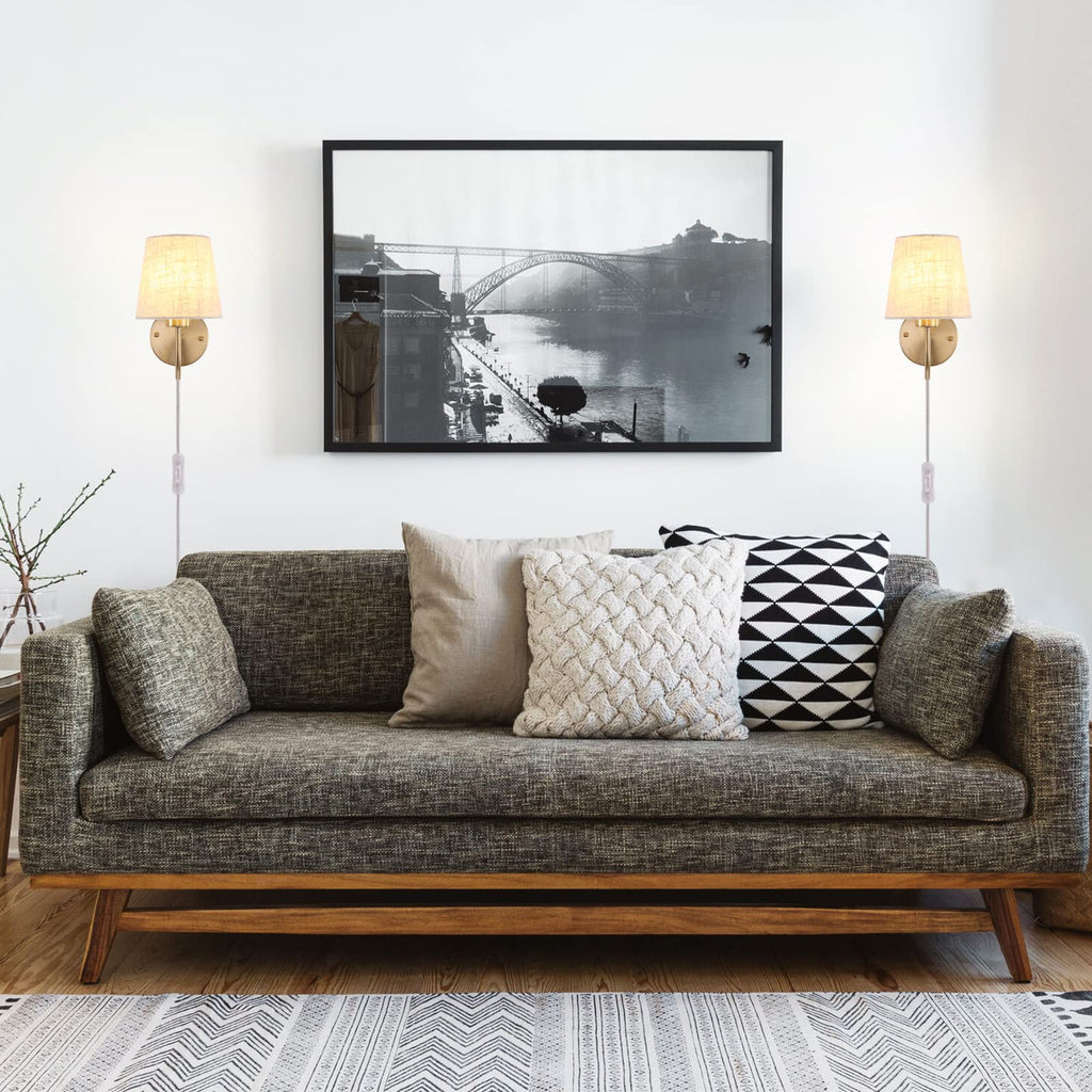 Plug in Wall Sconces Set of Two, Gold Bedside Wall Lamps Lights