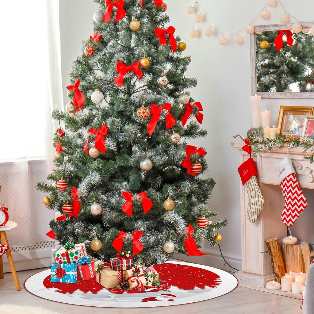 Christmas Tree Skirt Red Xmas Tree Ornaments for White Soft Plush Christmas Tree Mat with Snowy Pattern