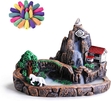 Mountain Waterfall Incense Burner, Resin Backflow Incense Holder with 60 Upgraded Incense Cones, Incense Waterfalls