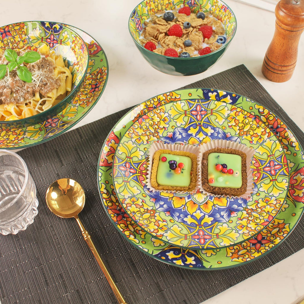 Mandala Dinnerware Sets, Plates and Bowls Set, Porcelain Dishes Service for 4, Zanzibar, Bohemian Style Dining Ware