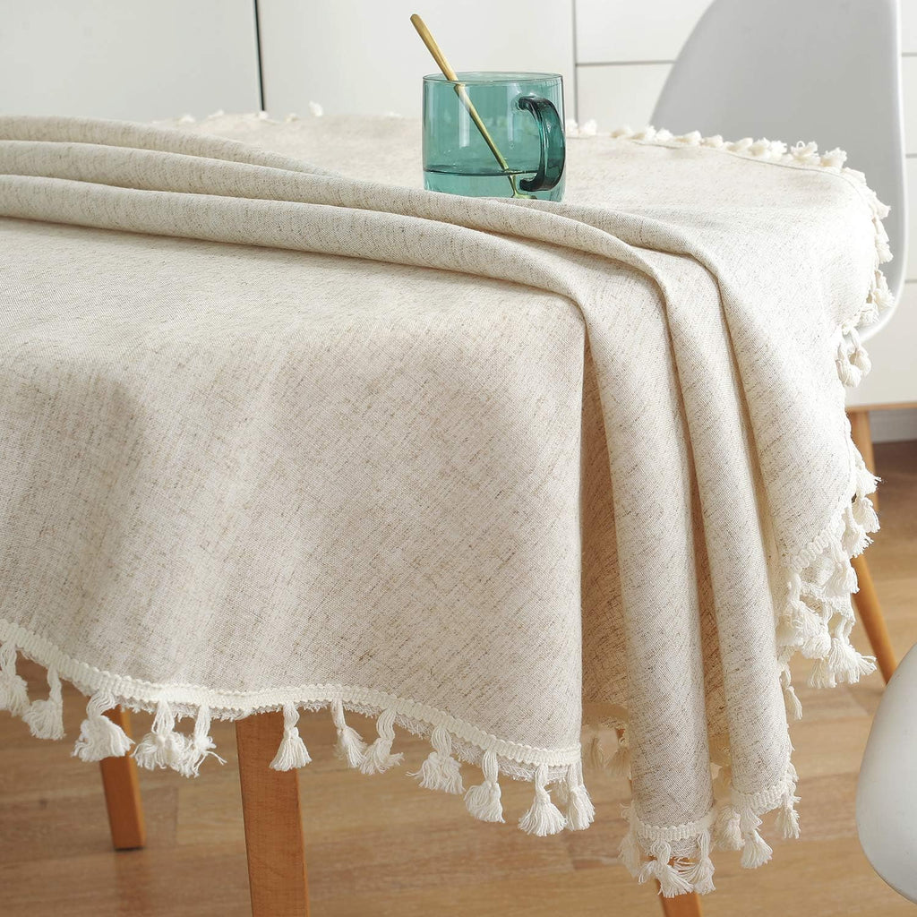 Solid Color Tassel Tablecloth Cotton Linen Dust-Proof Shrink-Proof Table Cover Dining Farmhouse Tabletop Decoration