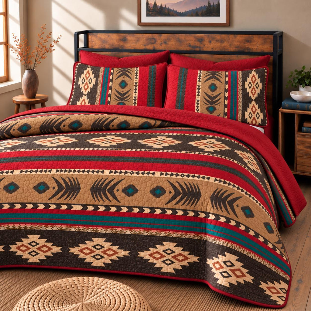 Western Southwestern Native American Tribal Navajo Design Oversize Quilted Bedspread in Brown Green and Burgundy