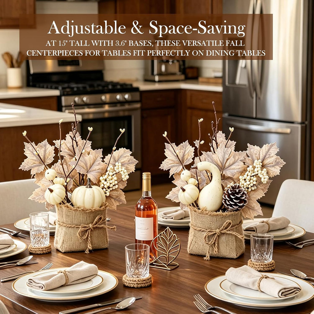 [Light & Timer] Fall Decor 2 Pack Fall Table Centerpieces with 20 LED Tabletop Maple Tree Pumpkin Pinecone Berry - Set of 2