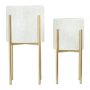 Modern Boho Embossed Metal Planters with Stands, White and Gold, Set of 2 Sizes