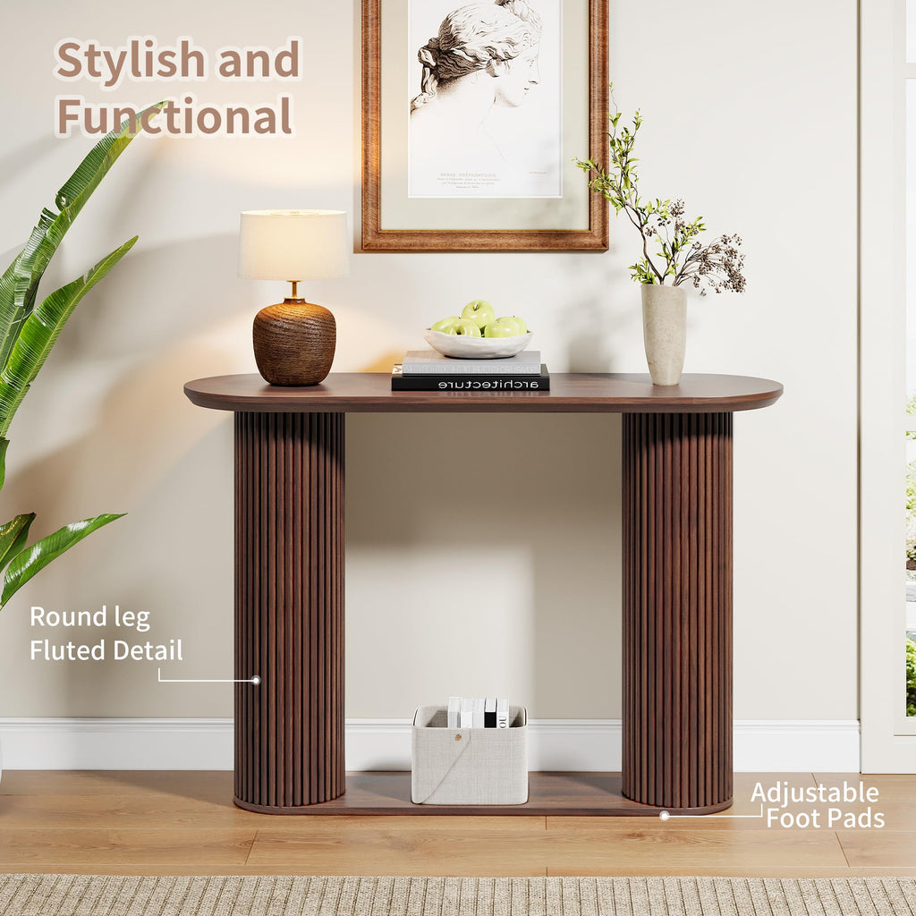Fluted Console Table, Farmhouse Oval Curved Entryway Table with Storage and Fluted Wood Legs, Narrow Small Long Entry