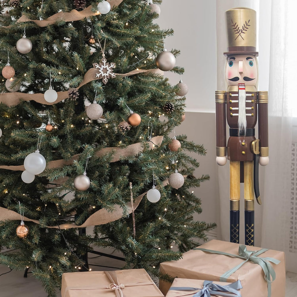 4ft Christmas Nutcracker Brown and Gold Wooden Soldier Nutcracker Figurine Christmas Decorations for Front Door Porch