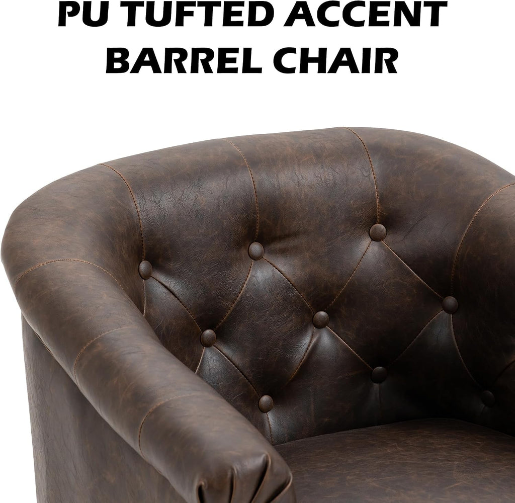 Faux Leather Barrel Accent Chair, Comfy Club Armchair with Solid Wood Legs, Upholstered Single Sofa Chair