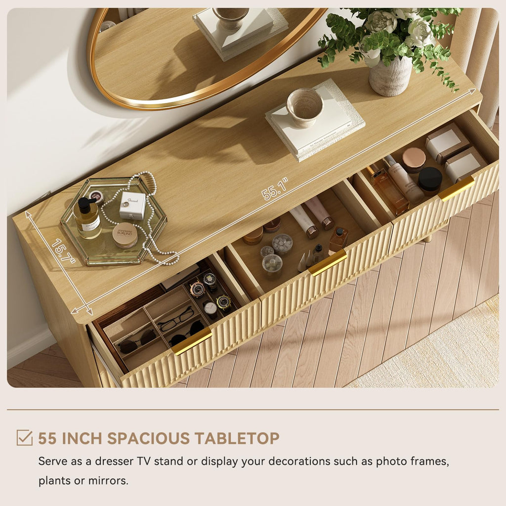 Fluted 7 Drawer Dresser, 55" Wide Wooden Chest of Drawers with Rounded Corners, Gold Handles, Modern Storage