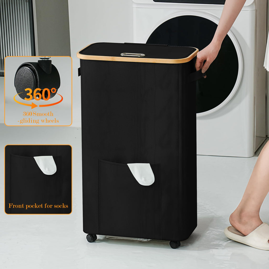Basket with Wheels, Dirty Clothes Hamper on Wheels, Rolling Tall Laundry Hamper with lid for Laundry Room, Dorm and