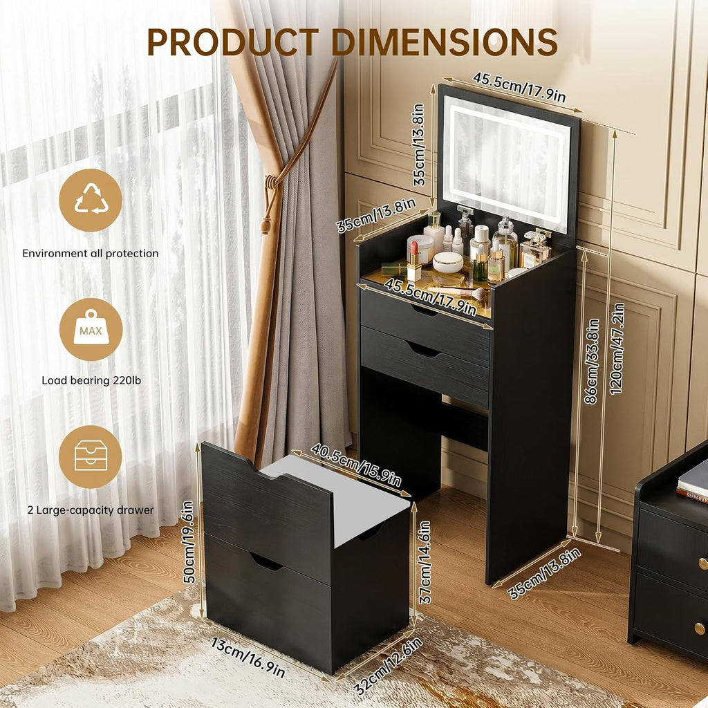 3-in-1 Vanity with Mirror and Lights, Modern Compact Vanity Table with 3 Storage Drawer, Small Makeup Vanity Desk