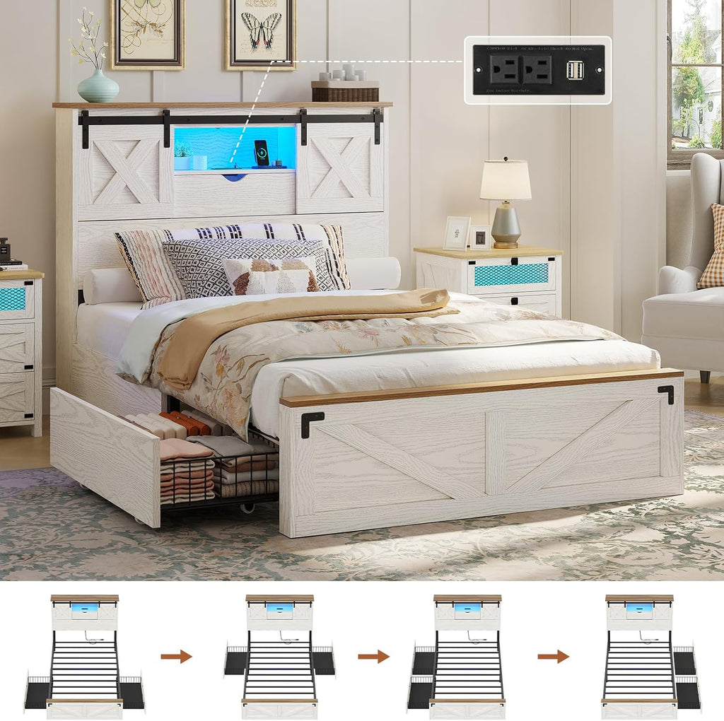 Farmhouse Bed Frame Twin with 2 Storage Drawers, Wooden Platform Twin Bed with LED Lights and Charging Station