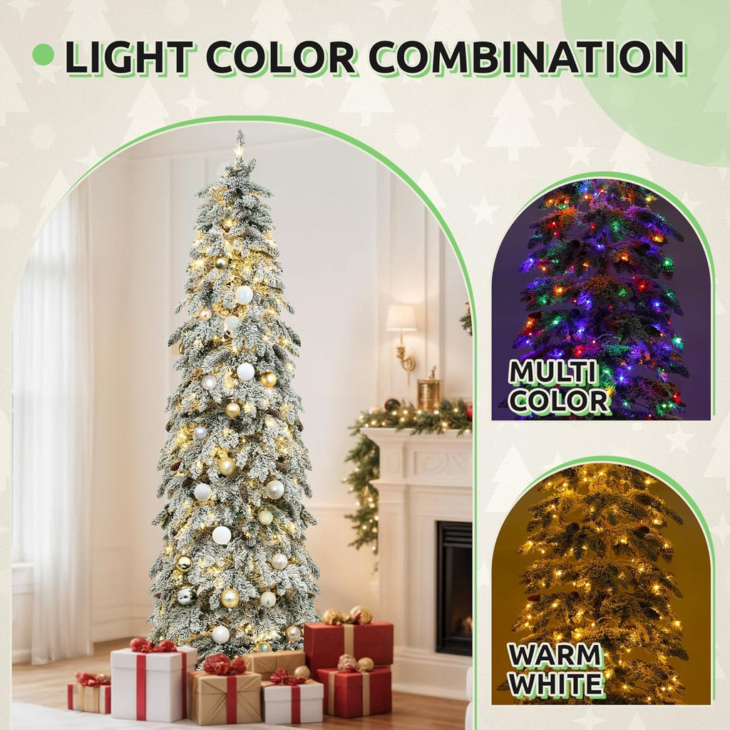 7.5ft Prelit Flocked Drooping Pencil Spruce Xmas Tree w/Pine Cones