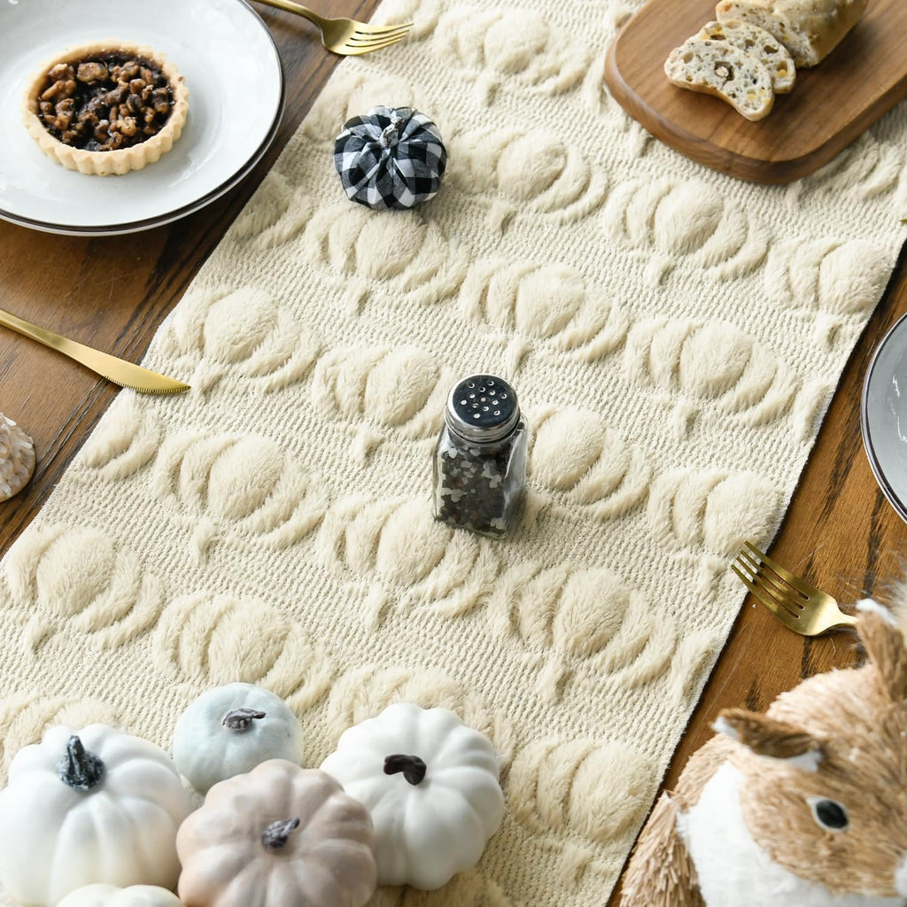 Beige Soft Faux Fur Pumpkins Fall Table Runner 13x72 Inch