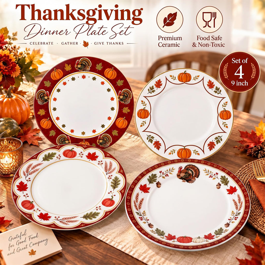 4 Pcs Fall Ceramic Plates 9 Inch Harvest Thanksgiving Dinner Dish