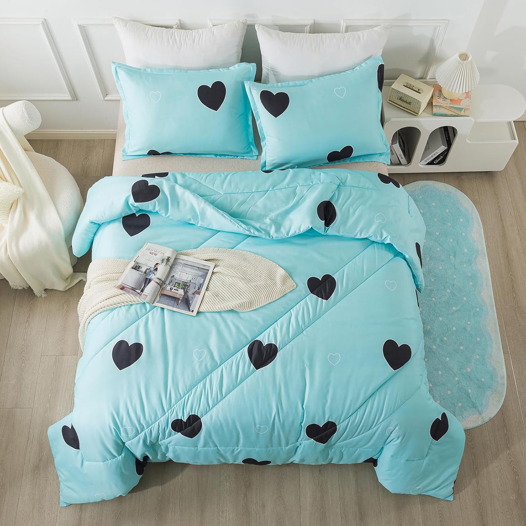 Love Pattern Girls Comforter Set Full, Sky Blue Cute Love Heart Print Comforter Bedding Set for All Seasons