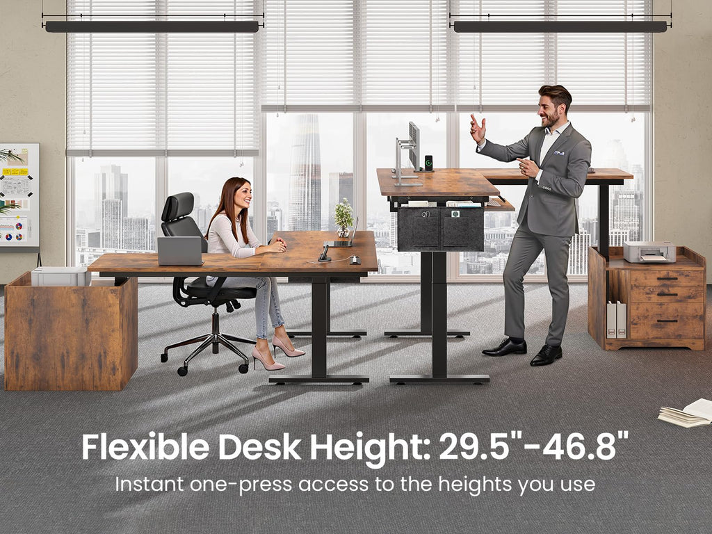 L Shaped Standing Desk with File Cabinet, 3 Drawers, Power Outlet