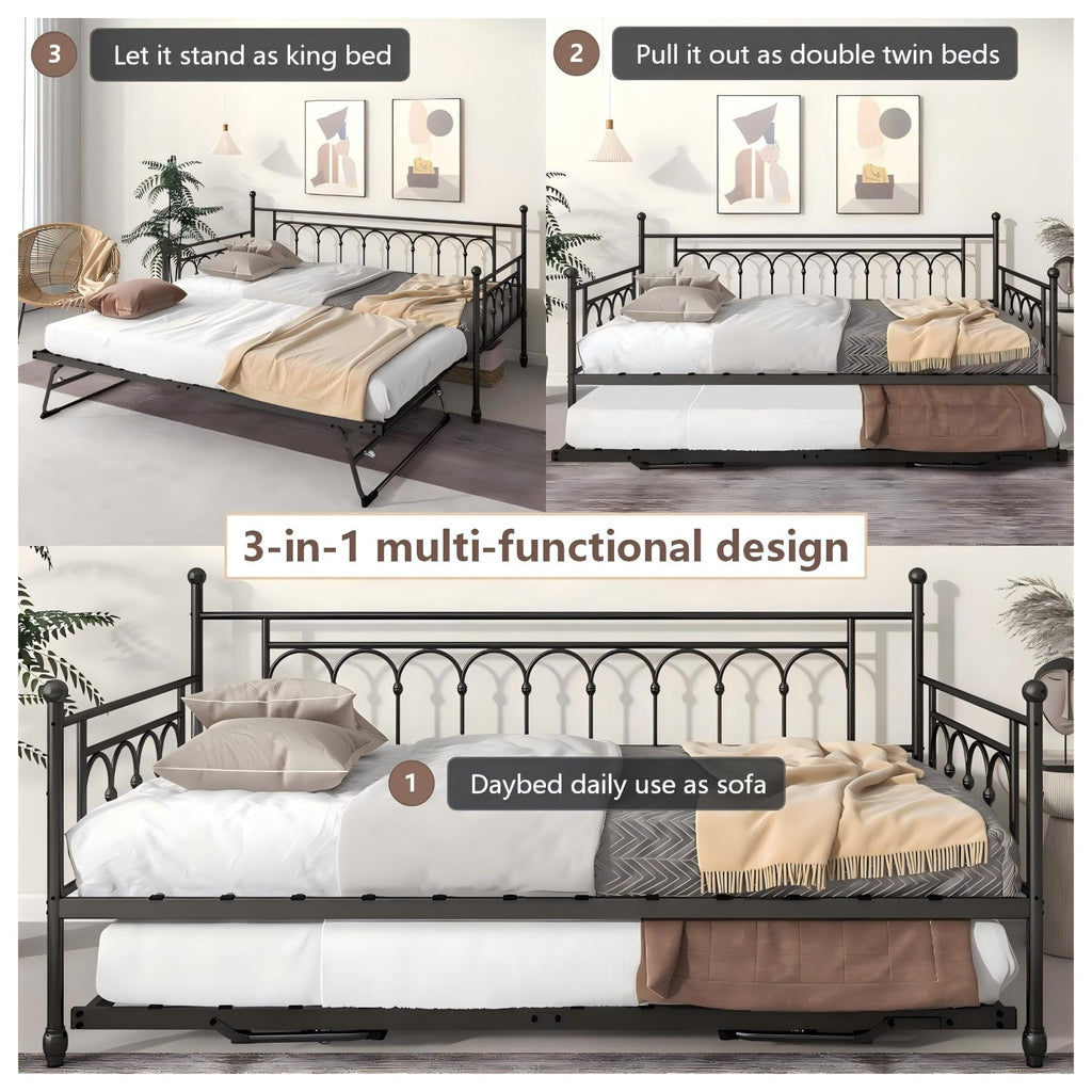 Day Bed with Trundle Bed Twin Pop Up, Height Adjustable Twin Daybed with Trundle Pop Up, Metal Sofa Bed Frame with