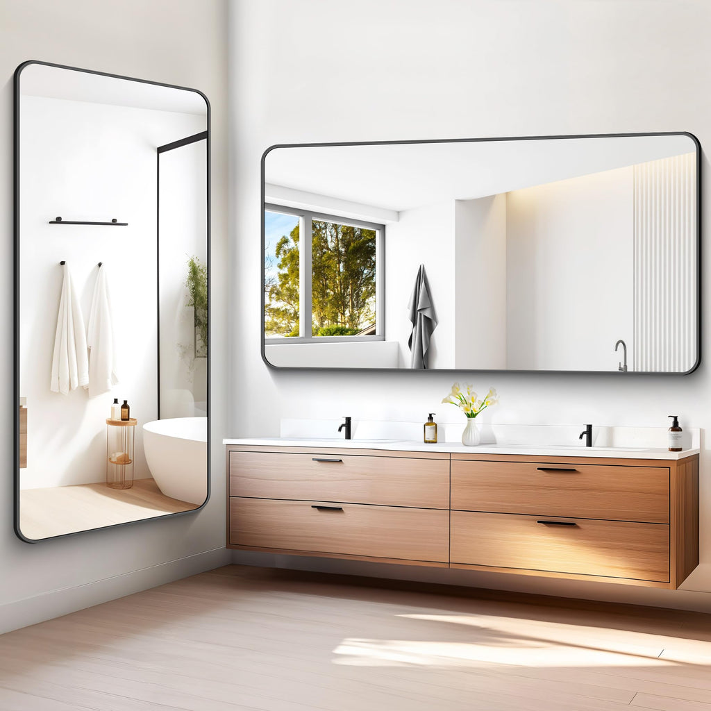72x36 inch Large Bathroom Mirror,Black Rectangle Mirror,Wall Mounted Bathroom Frame Vanity Mirror with Round Corner