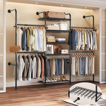 Closet Organizers Wall Mounted Closet System, 3-Row Heavy Duty Garment Clothes Rack, Industrial Pipe Clothing Rack