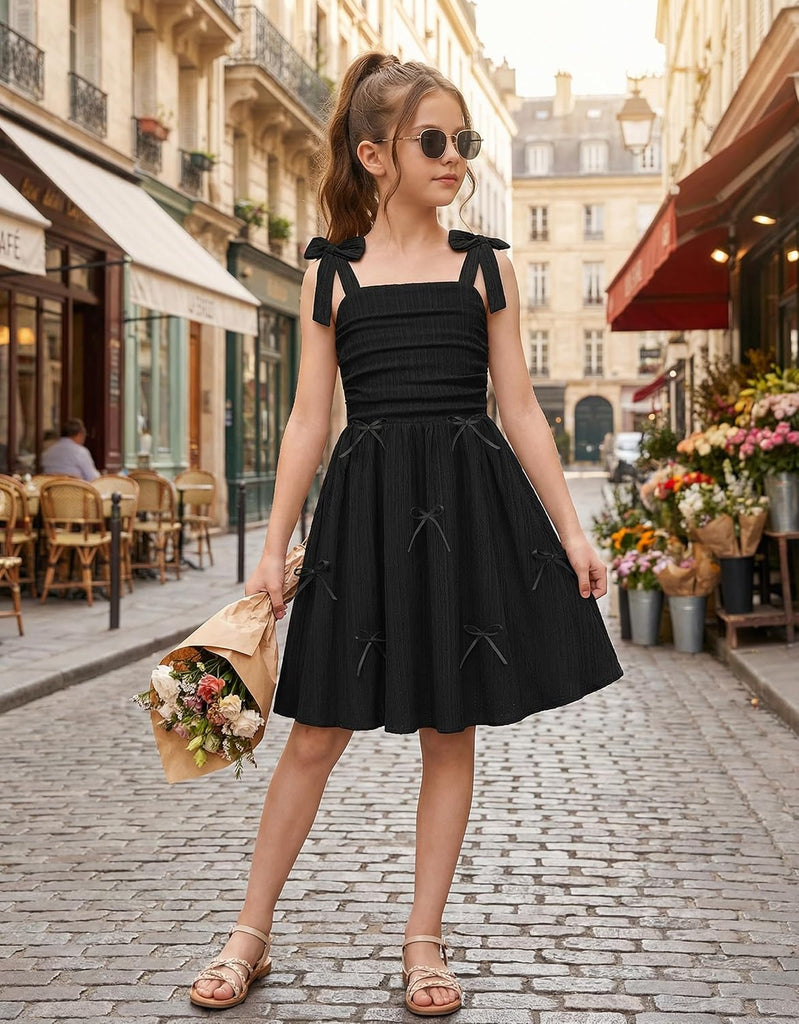 Girls Dresses Ruched Smocked Back Spaghetti Strap Bow Sundress