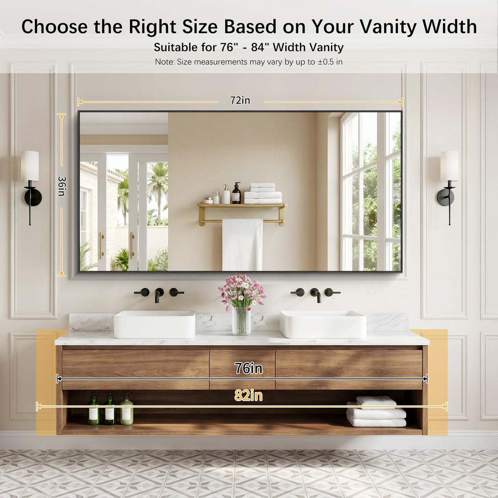 Black Bathroom Mirror for Wall, 72x36 Inch Rectangle Mirrors with Metal Frame, Modern Vanity Wall Mirror Decor Hangs