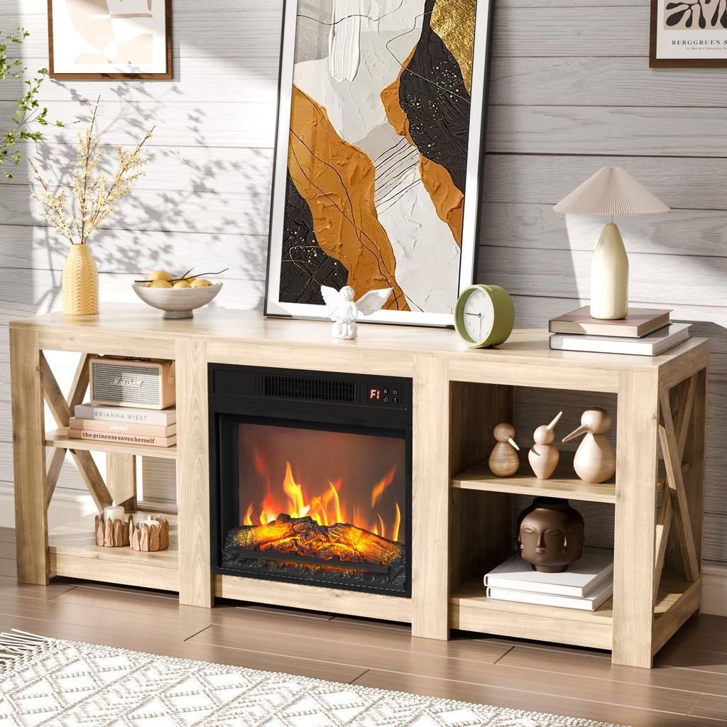 For up to 70 inch TVs, Farmhouse Entertainment Center with Electric Fireplace Heater & Adjustable Shelves, Fireplace
