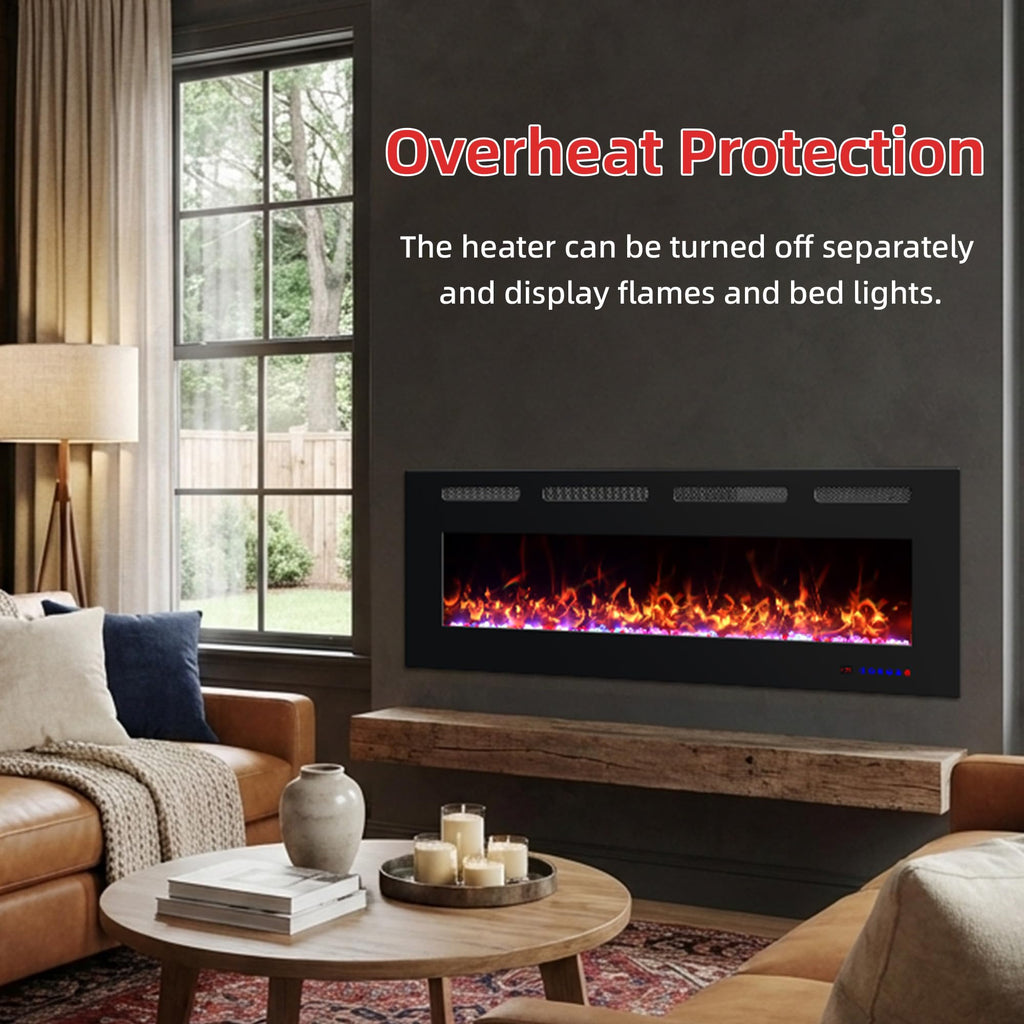 72" Electric Fireplace Insert, Ultra Thin Linear Fireplace Heater, Wall Mounted Recessed, Adjustable Flames&