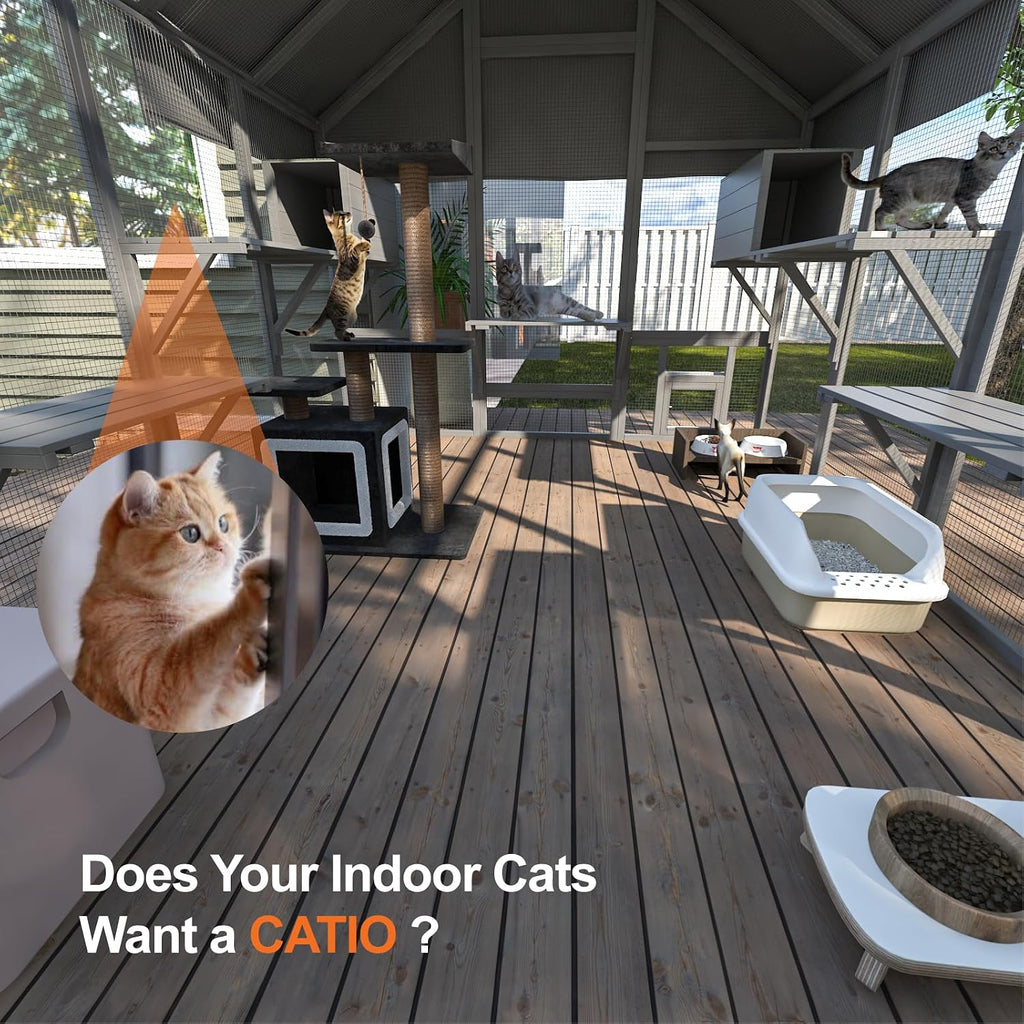 Catio Outdoor Cat Enclosure with Waterproof Cover, 97inch, Grey