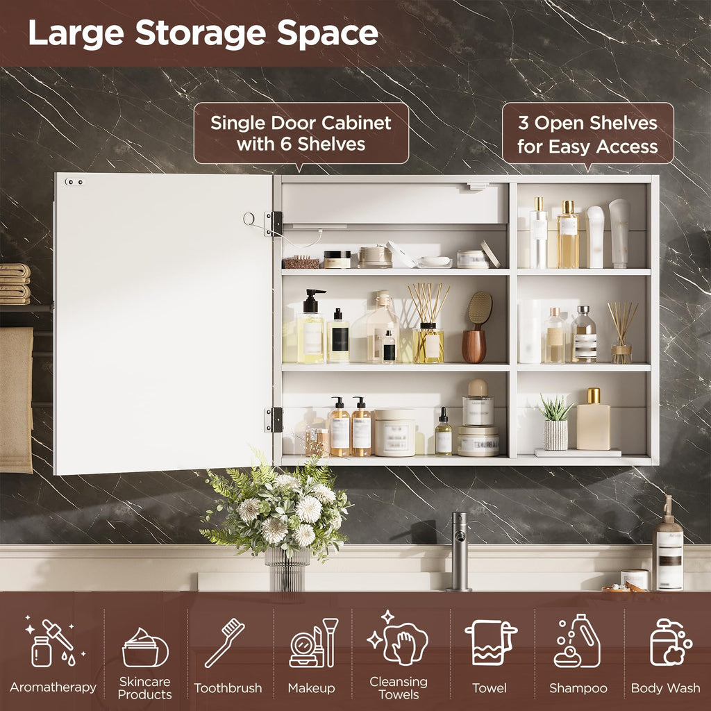 32" x 24" Lighted Medicine Cabinet with Mirror, Modern Wall Mounted Bathroom Cabinet with Storage Shelves, Touch