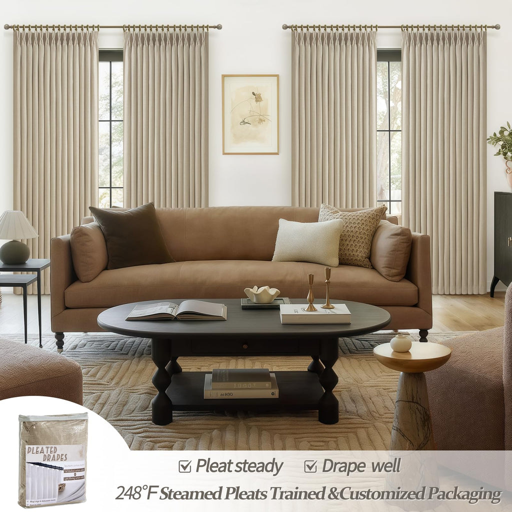 High Ceiling Room Darkening Natural Linen Curtains 108 Inches Long 2 Panels Set, Neutral Pinch Pleated Light Beige