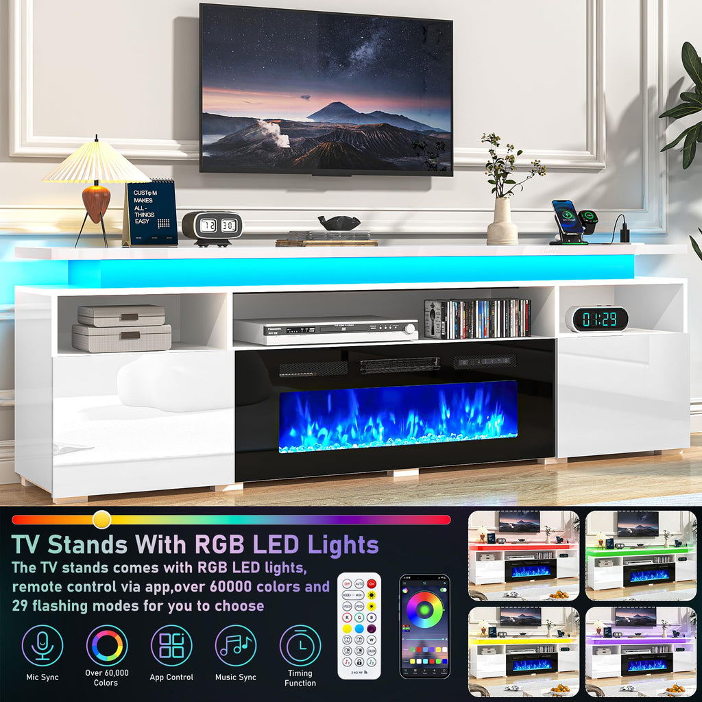 82.6" Fireplace TV Stand w/40 Electric Fireplace for 95in TVs, 26.5" Tall High Gloss Entertainment Center