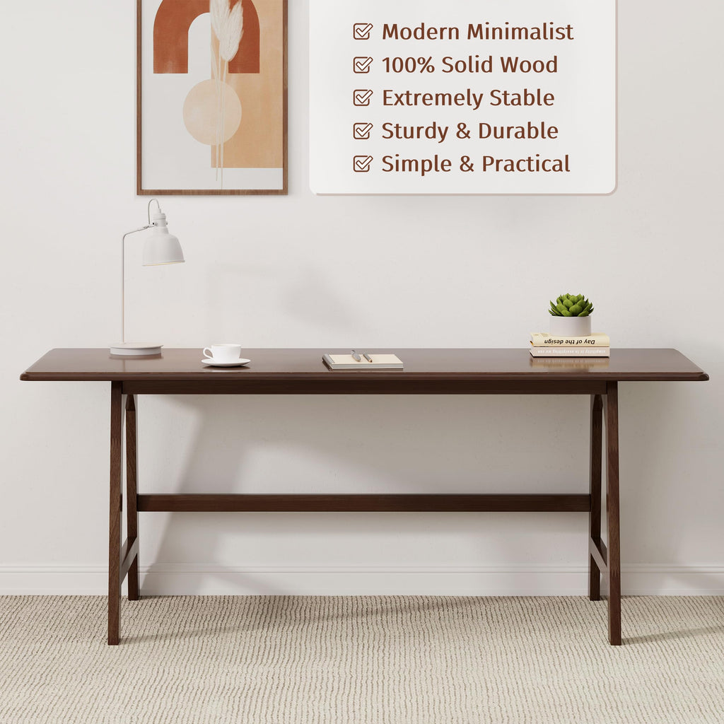 Solid Wood Writing Table - 72"W Minimalist Long Computer Desk, Walnut