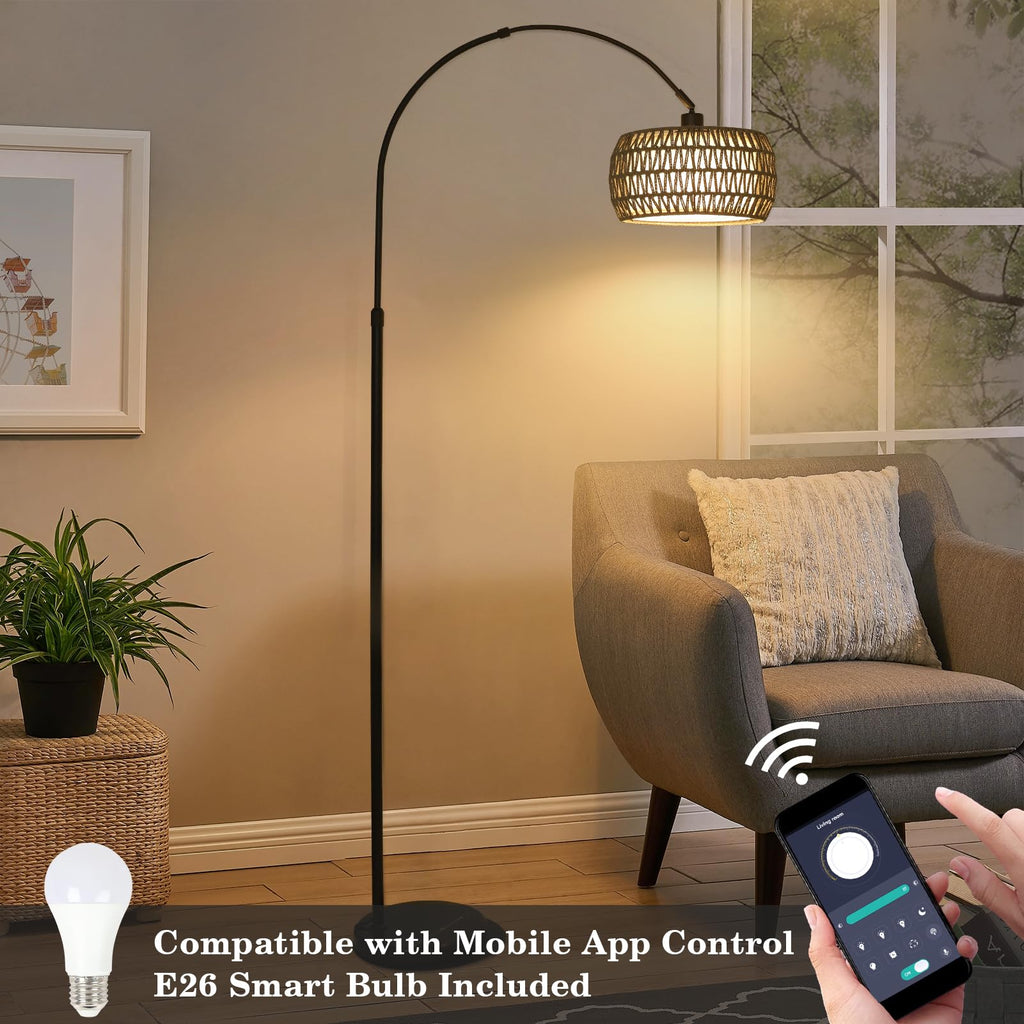 Arc Standing Lamp, Boho Floor Lamps with Remote and LED Dimming Bulb, Rattan Tall Lamp with 3 Color Temperatures
