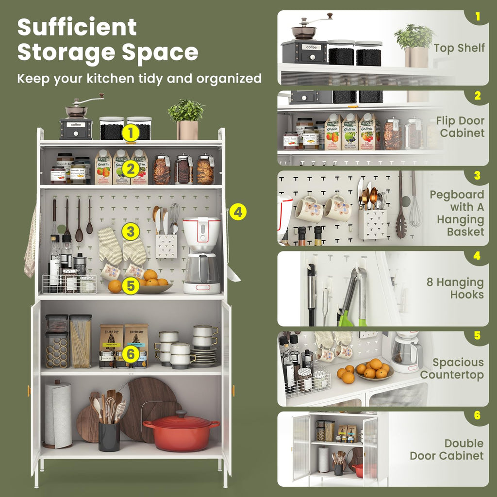 Pantry Organizers and Storage, 63.5" H Kitchen Buffet Cabinet with Hutch, Pegboard, 8 Hooks & 1 Hanging Storage Box