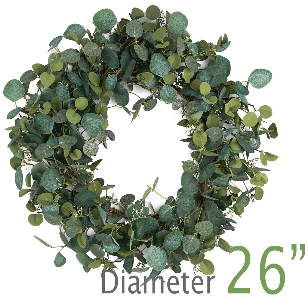 Eucalyptus Wreaths for Front Door 26", Handmade Green Leaves Wreath for Summer, Spring and All Seasons, Greenery