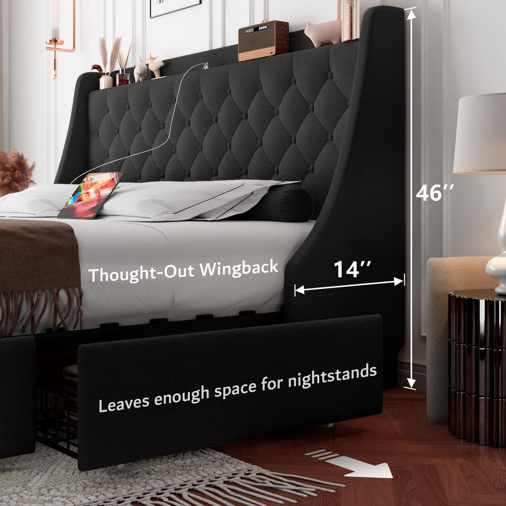 King Bed Frame with 4 Storage Drawers, Upholstered Platform Bed Frame with Type-C & USB Ports, Wingback Storage