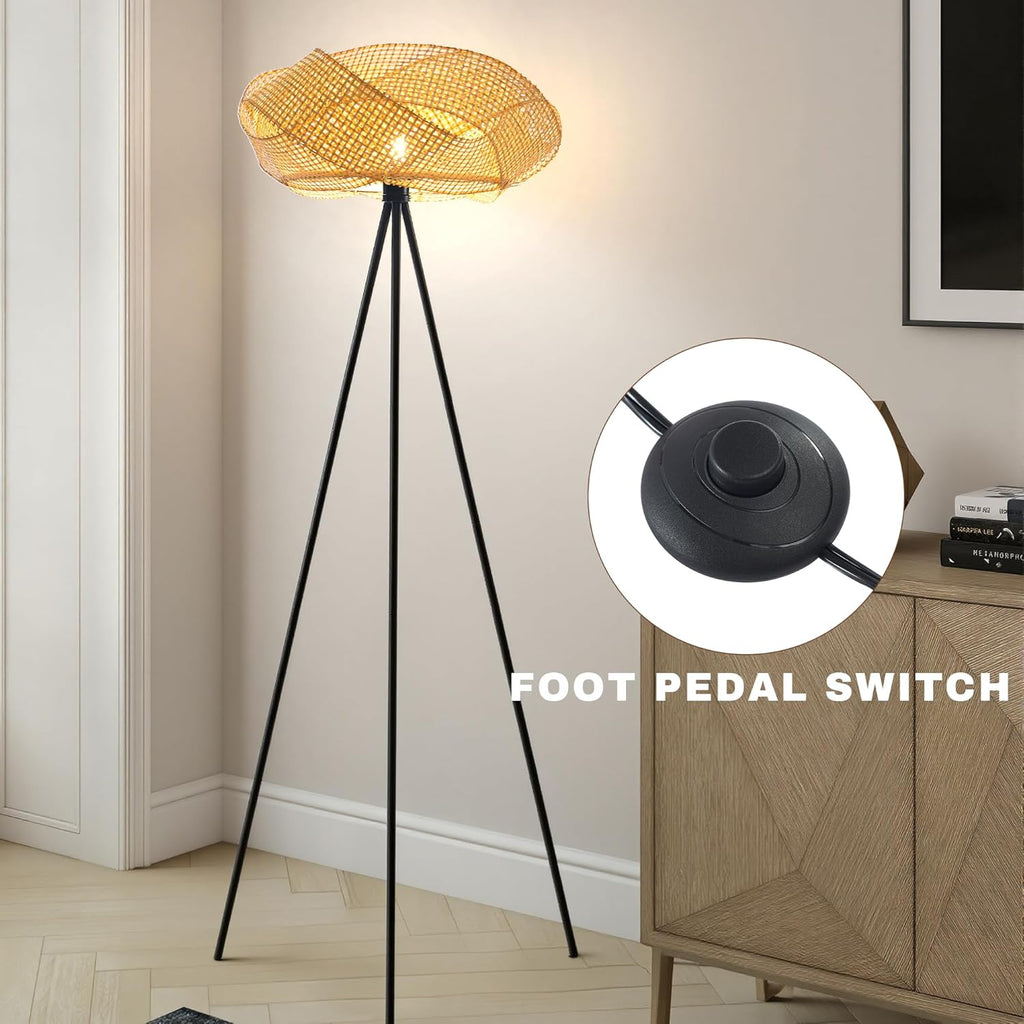 Bamboo Tripod Floor Lamp, Handwoven Lotus Shade Standing Lamp, Boho Natural Woven Light with Black Metal Stand Bedroom