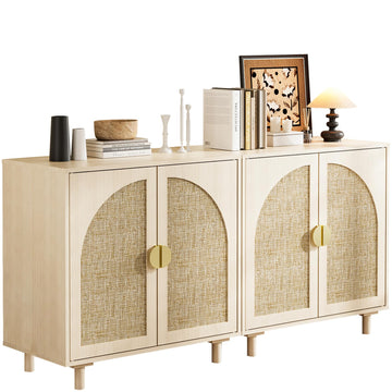 4 Doors Boho Rattan Storage Sideboard Cabinet, Kitchen Buffet, Beige, 2pcs.
