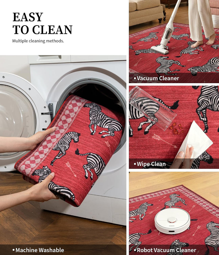 Red Zebra Area Rugs, Washable Animal Print Rug with Checkered Border, Non-Slip Low Pile Mid-Century Modern Carpet