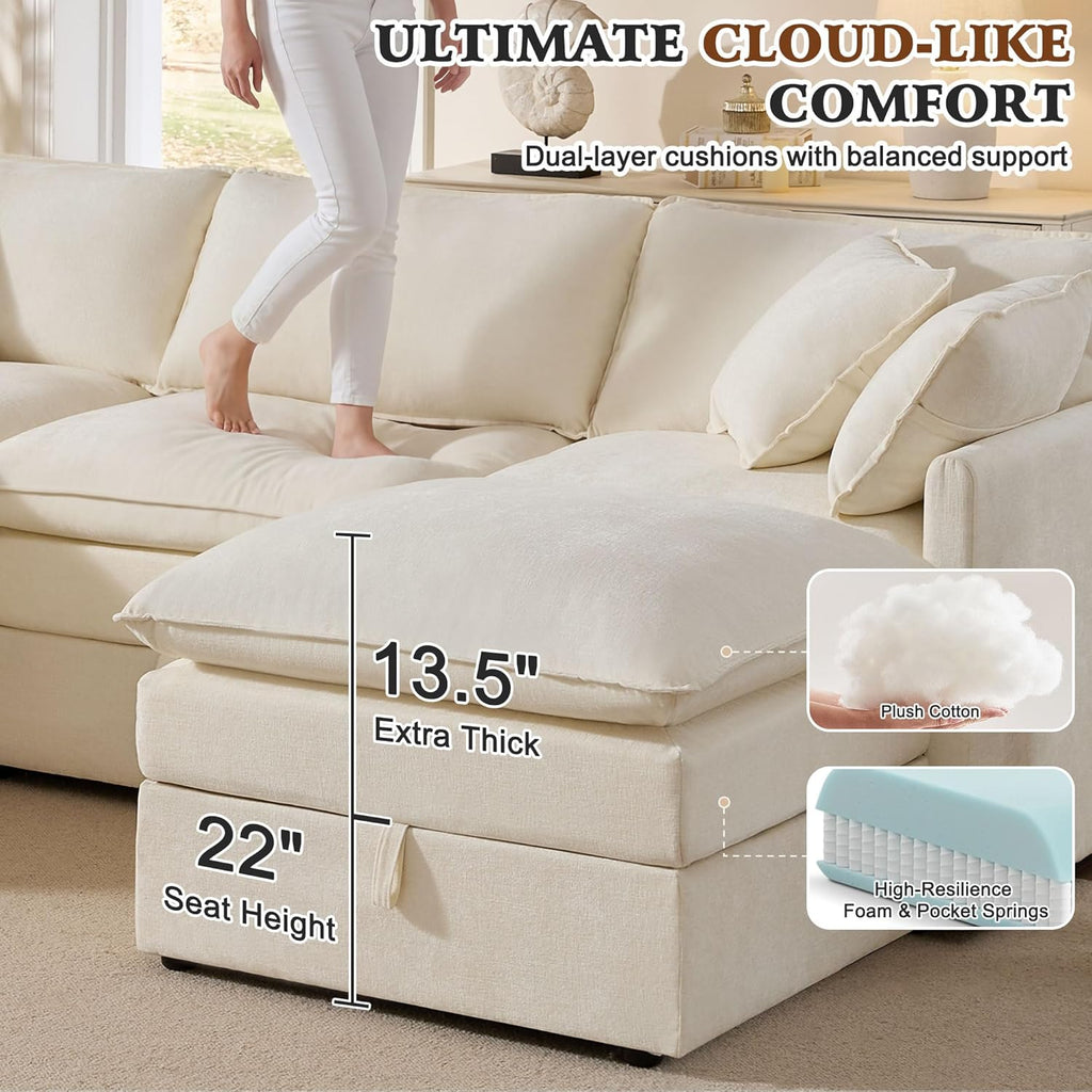 103" Modular Sectional Sofa with Storage, L Shaped Cloud Couch with Movable Ottomans & 4 Pillows, Chenille Deep Seat