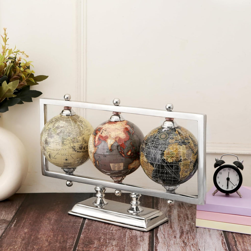 4'' World Globes Sturdy Metal Silver Stand Rotating Desktop Globe For Geographic Home Decorative Desk Table - Set of 3